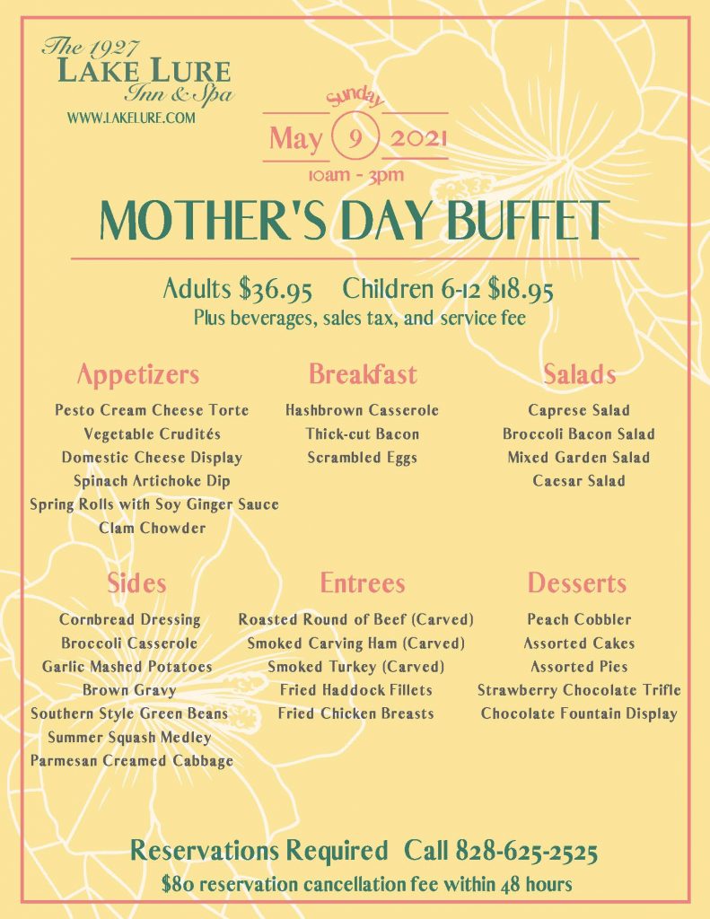 Mother's Day Buffet Menu 2021 | The 1927 Lake Lure Inn & Spa